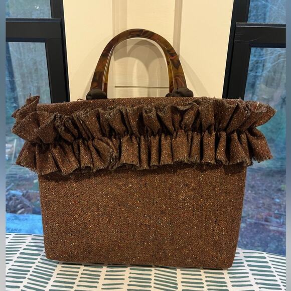 Vintage Beryl's Belts Brown Ruffled To Market Handbag Cottage Core Grandma Vibe - Picture 2 of 6